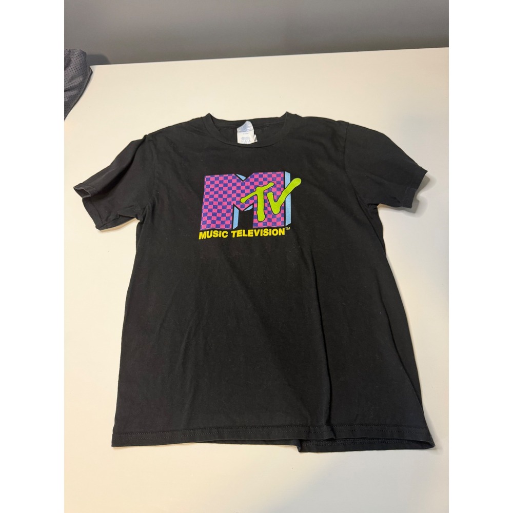MTV Music Television Graphic T-Shirt Youth Large Black Retro Logo Tee